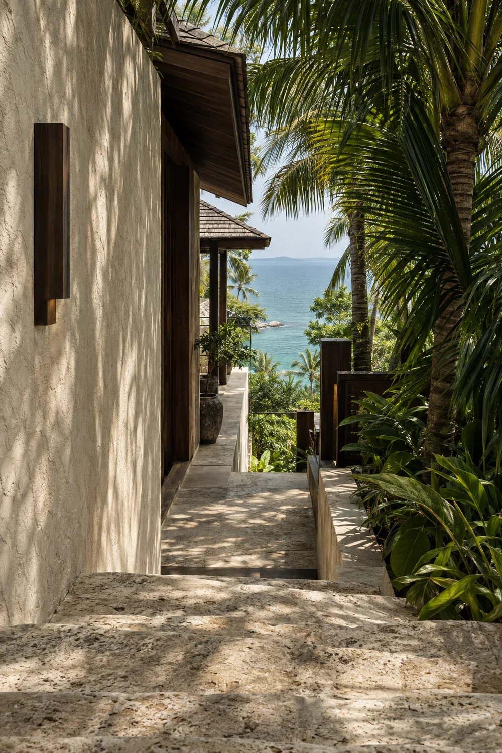 Conceptual island architecture with natural stone, palms and a glimpse of the sea